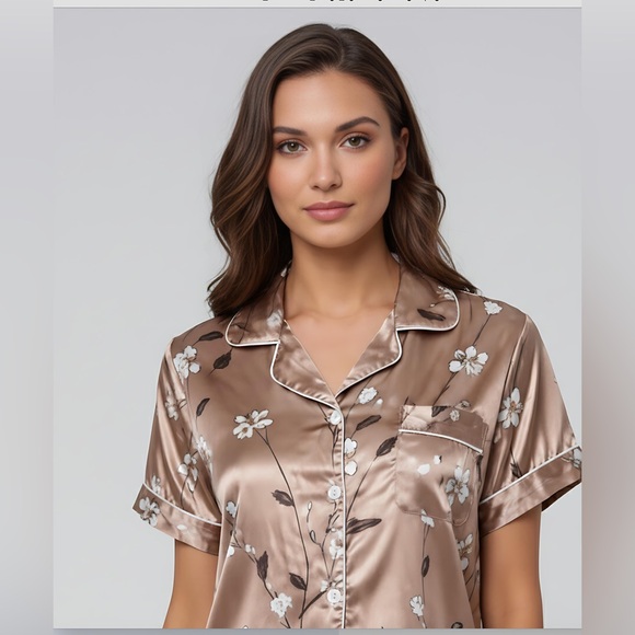 Satin Floral Print Contrast Piping Pyjama Set - Picture 2 of 6